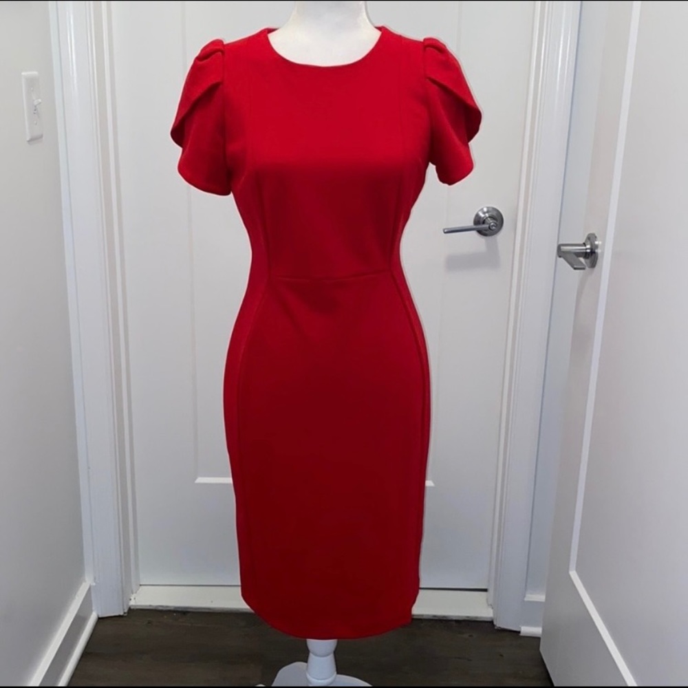 🌷NWT! Red Calvin Klein Sheath Tulip Sleeve Dress - Size 12